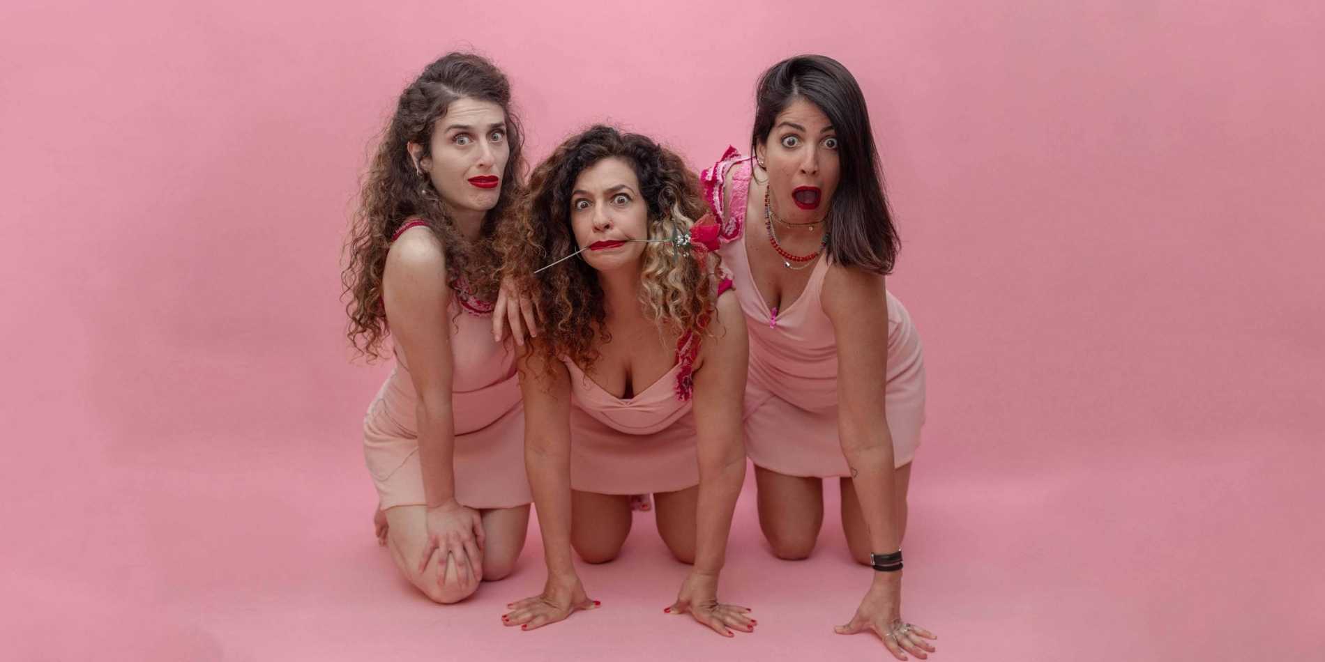 שלוש נשים לבושות שמלות ורודות כורעות על רקע ורוד אחיד, מביטות אל המצלמה בהבעות מופתעות וקומיות, כשורד מוחזק בפיה של האישה במרכז. הקומפוזיציה והצבעוניות יוצרות אווירה שובבה, תיאטרלית ומוגזמת במכוון.