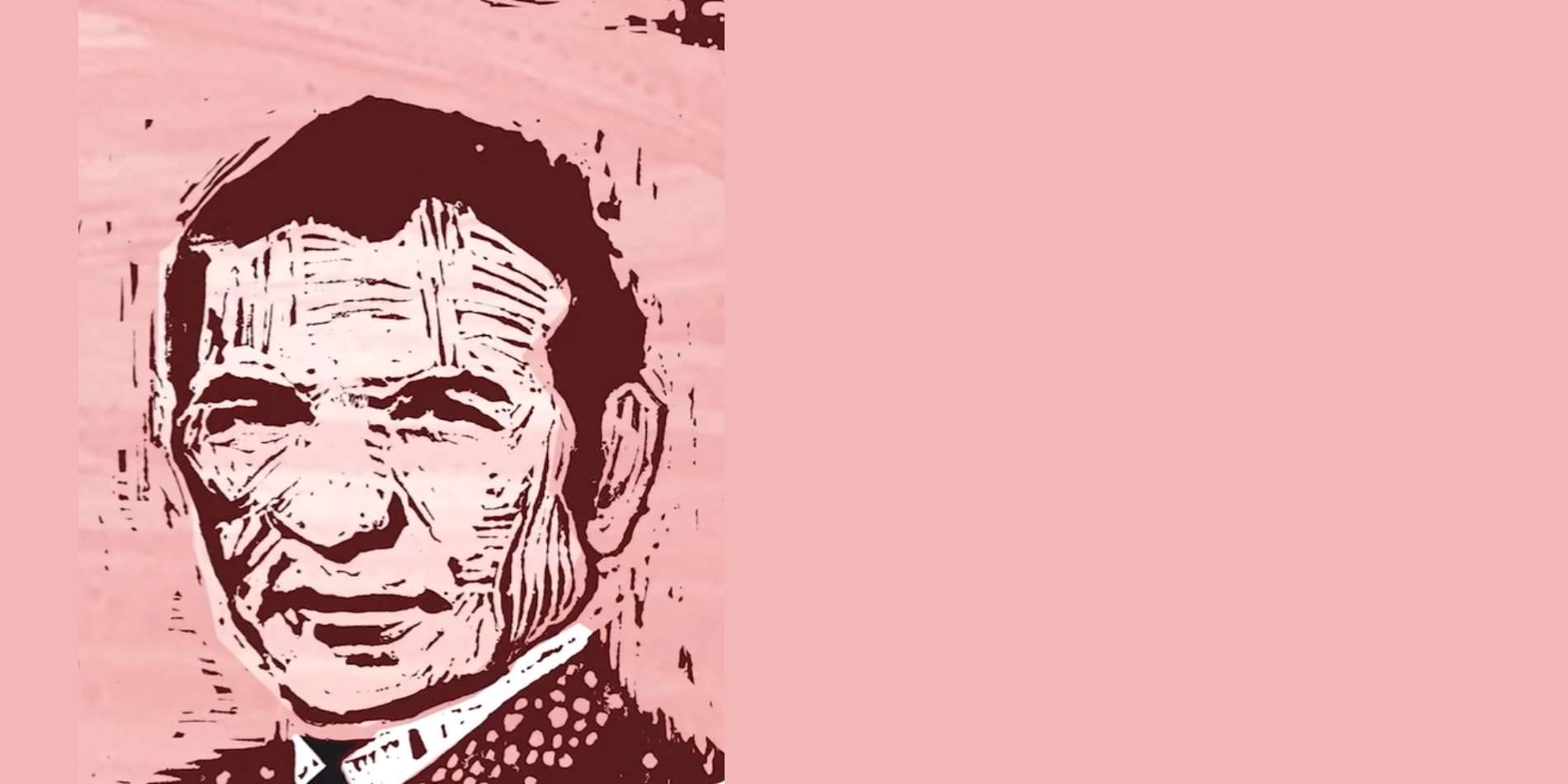 איור גרפי־פיוטי של פני גבר מבוגר, בקווים חרוצים ומודגשים, המבליטים קמטים, מבט שקט והבעה מהורהרת. הפלטה הוורודה־חומה והמרקם המחוספס מעניקים לדימוי תחושת זיכרון, געגוע ונוכחות אנושית עמוקה.