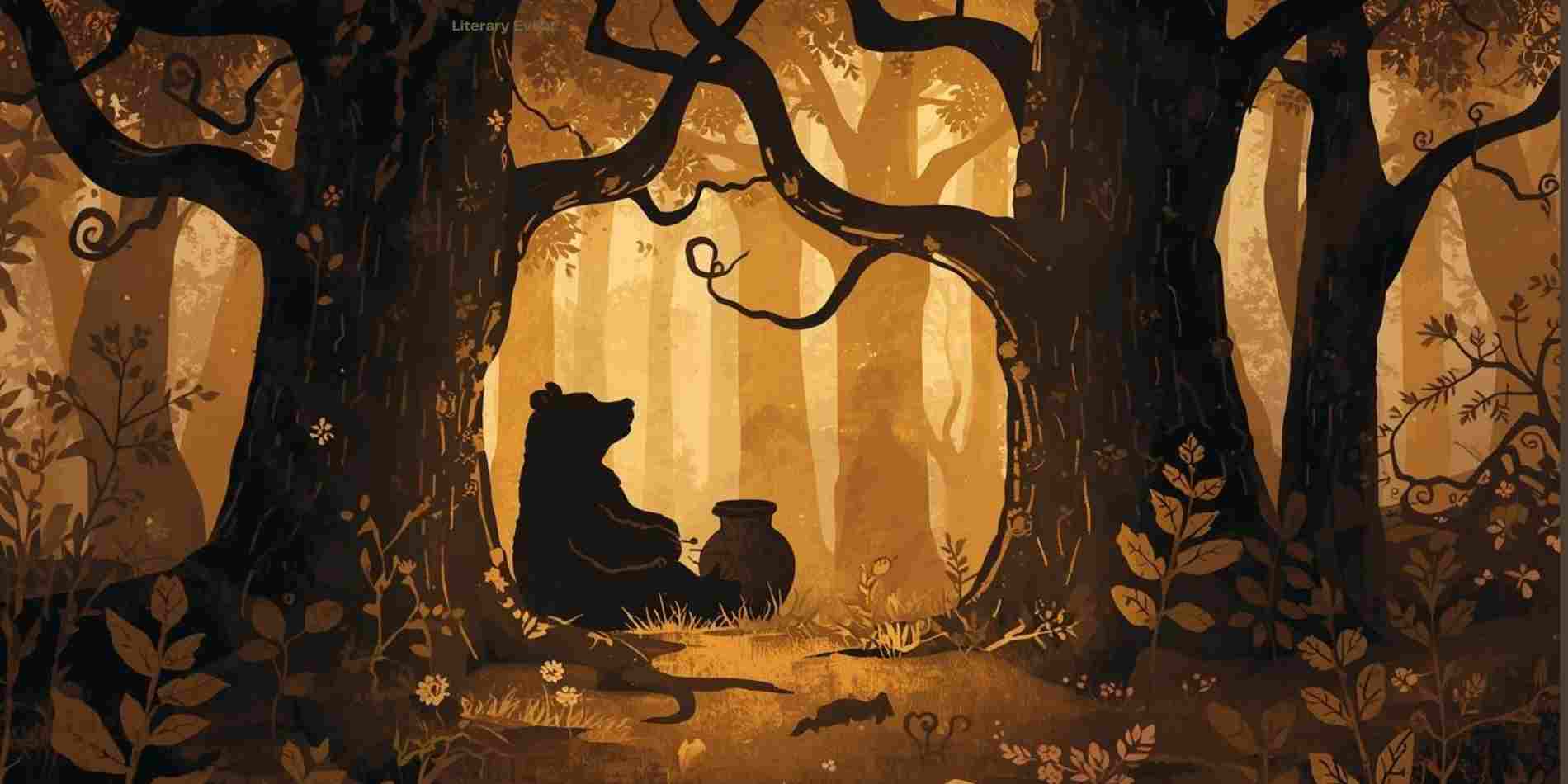תקריב של דוב היושב ביער מואר באור שקיעה, עם דגש על הקווים המתפתלים של הענפים והעלים סביבו. האווירה משלבת תמימות ונוסטלגיה, עם רמז ספרותי שקט לעולם פנימי עשיר ופשוט.