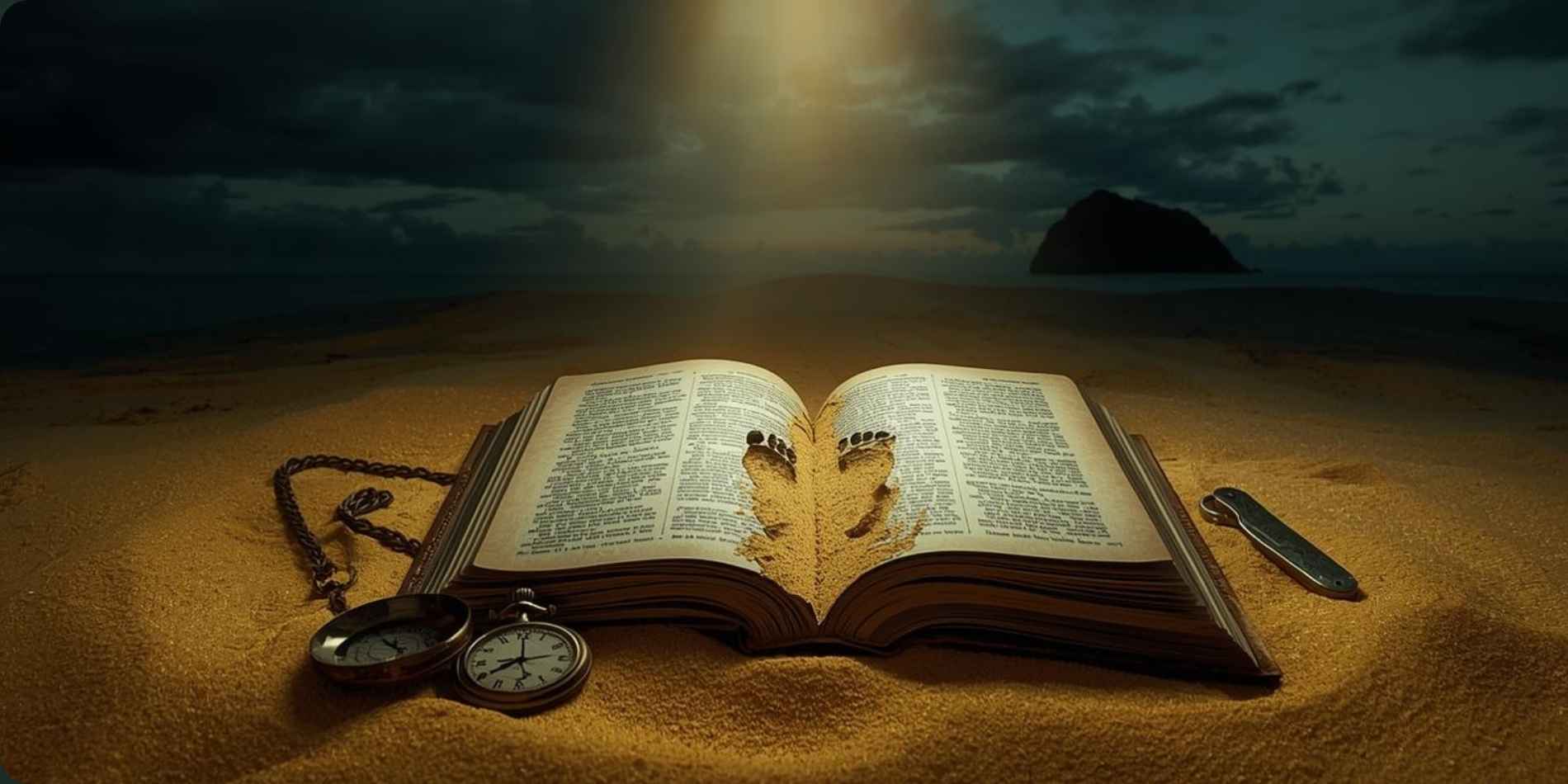 ספר עתיק פתוח מונח על אדמה חולית, מוקף בחפצי הישרדות ישנים כמו מצפן ושעון כיס, באור חמים ומרומז. האווירה אינטימית ומסתורית, ומדגישה מסע אישי של הישרדות, זמן וזיכרון.