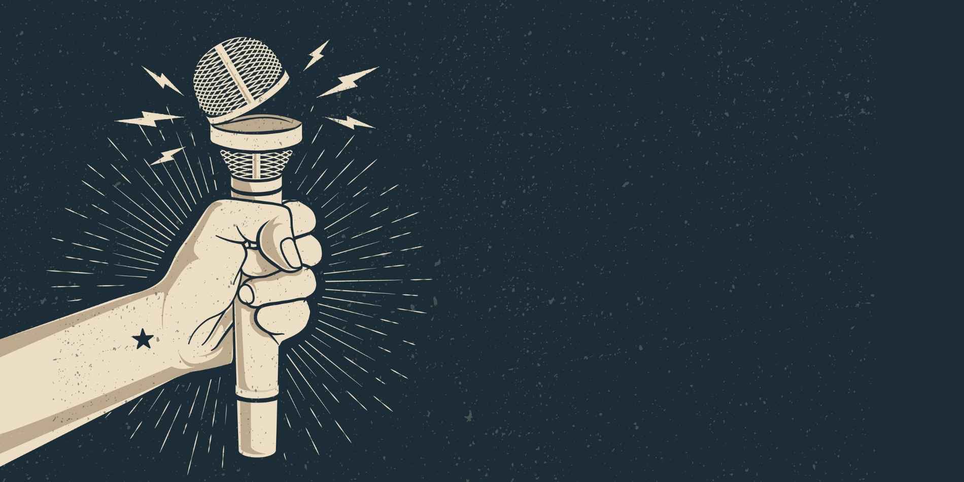 יד אוחזת במיקרופון מורם, קפוצה ובטוחה, שממנה מתפרצים קווים וברקים קטנים – כסמל לקול, כוח וביטוי. הדימוי משדר עמידה, אמירה חזקה ונוכחות ציבורית, על רקע כהה ומינימליסטי שמדגיש את המחווה.